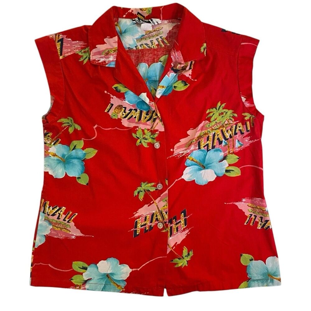 Vintage Hilo Hattie Hawaii Red Aloha Button Front Sleeveless Shirt Women’s L